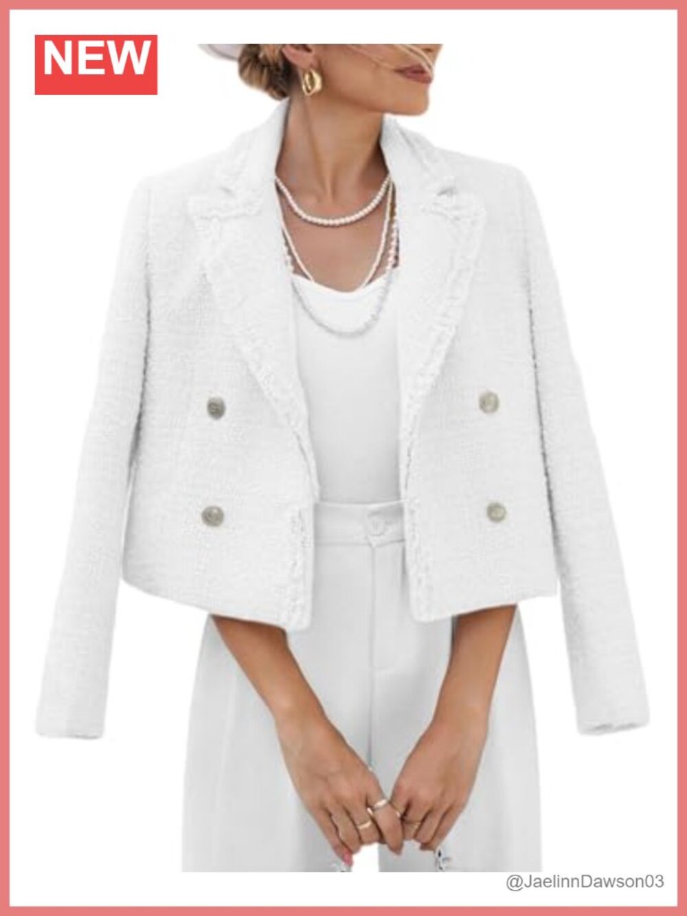Women's Tweed Blazer Cropped Double Breasted Fringe Trim Jacket